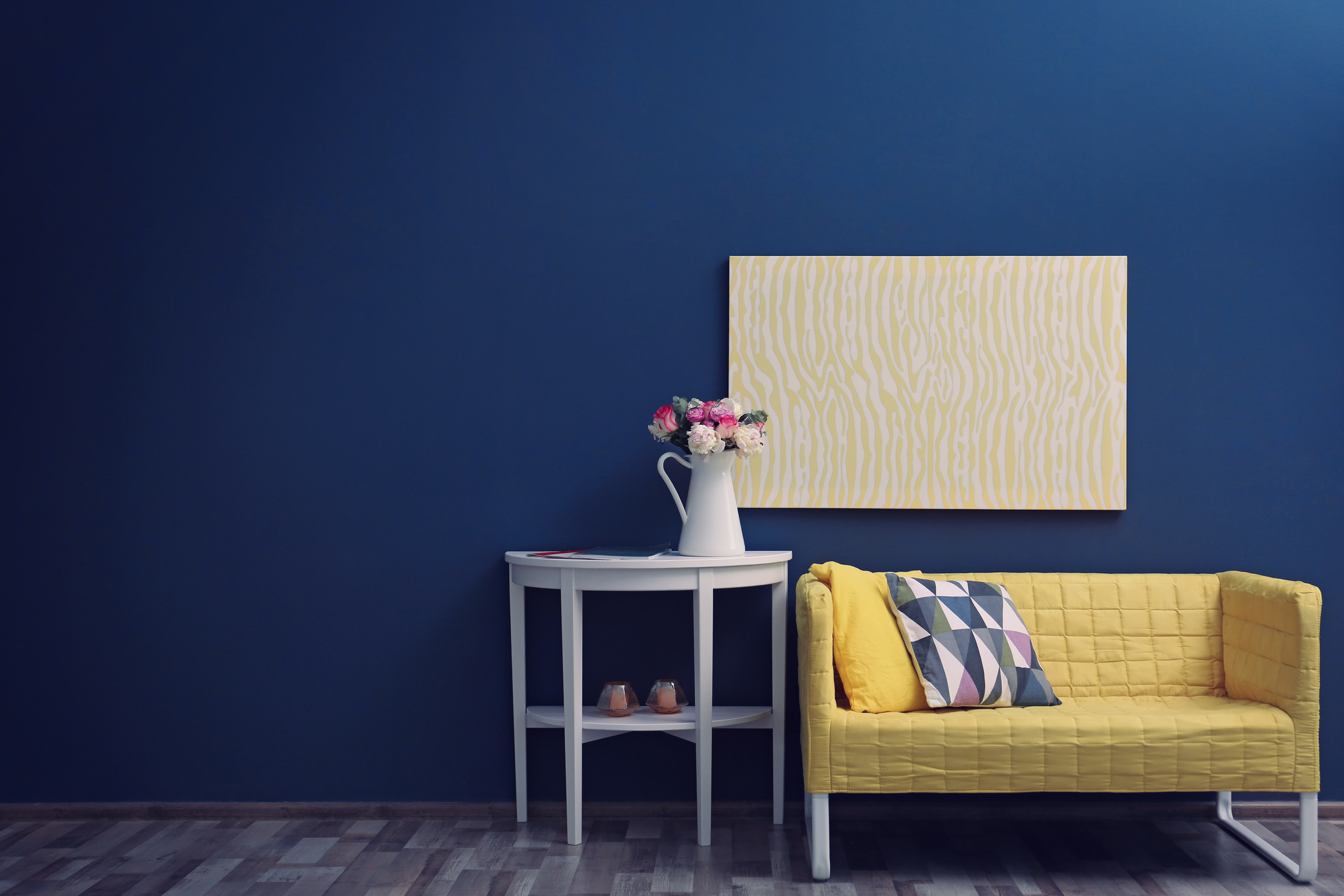 Room Interior with Stylish Furniture and Roses on Table